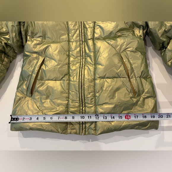 The Limited Down Puffer Liquid Green Gold Metallic Shimmer Jacket Fur Hood - Picture 3 of 16